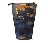 JKLQWC Jolie trousse à crayons rétractable sur pied - Papillons noirs imprimés papeterie et trousse de maquillage pour voyage, école, bureau, cadeaux, Voilier pirate pleine lune, Taille unique