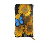 JKLQWC Long portefeuille en cuir synthétique imprimé Beach Maui Hawaï, coucher de soleil, vagues de mer, nuages, pour femmes et hommes avec porte-cartes, Tournesols jaunes avec papillons bleus, One