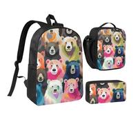 JKLQWC Lot de 3 sacs à dos avec sac à déjeuner isotherme et trousse à crayons pour étudiants, adolescents, filles, garçons - 43,2 cm - Motif Père Noël, Ours colorés., Taille unique, Sac à dos d'école