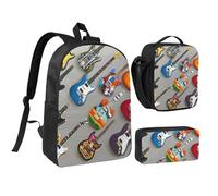 JKLQWC Lot de 3 sacs à dos avec sac à déjeuner isotherme et trousse à crayons pour étudiants, adolescents, filles, garçons - 43,2 cm - Marron, Guitares colorées 1, Taille unique, Sac à dos d'école