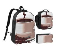 JKLQWC Lot de 3 sacs à dos avec sac à déjeuner isotherme et trousse à crayons pour étudiants, adolescents, filles, garçons - 43,2 cm - Marron, Tasse à café et grains de café., Taille unique, Sac à dos