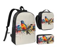 JKLQWC Lot de 3 sacs à dos avec sac à déjeuner isotherme et trousse à crayons pour étudiants, adolescents, filles, garçons - 43,2 cm - Marron, Oiseau coloré., Taille unique, Sac à dos d'école