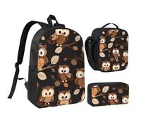 JKLQWC Lot de 3 sacs à dos avec sac à déjeuner isotherme et trousse à crayons pour étudiants, adolescents, filles, garçons - 43,2 cm - Marron, Chouettes mignonnes marron, Taille unique, Sac à dos