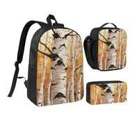 JKLQWC Lot de 3 sacs à dos avec sac à déjeuner isotherme et trousse à crayons pour étudiants, adolescents, filles, garçons - 43,2 cm - Marron, Bouleau coloré, Taille unique, Sac à dos d'école