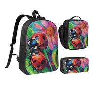 JKLQWC Lot de 3 sacs à dos avec sac à déjeuner isotherme et trousse à crayons pour étudiants, adolescents, filles, garçons - 43,2 cm - Marron, Coccinelle colorée, Taille unique, Sac à dos d'école