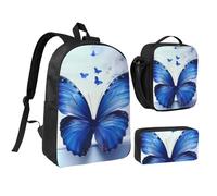 JKLQWC Lot de 3 sacs à dos avec sac à déjeuner isotherme et trousse à crayons pour étudiants, adolescents, filles, garçons - 43,2 cm - Marron, Joli papillon bleu, Taille unique, Sac à dos d'école