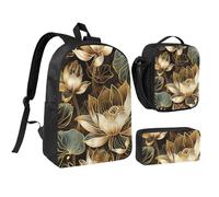 JKLQWC Lot de 3 sacs à dos avec sac à déjeuner isotherme et trousse à crayons pour étudiants, adolescents, filles, garçons et filles, 43,2 cm, Fleurs rayées dorées, Taille unique, Sac à dos d'école