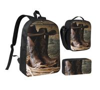 JKLQWC Lot de 3 sacs à dos avec sac à déjeuner isotherme et trousse à crayons pour étudiants, adolescents, filles, garçons - 43,2 cm - Motif Père Noël, Bottes western de cowboy noires, Taille unique
