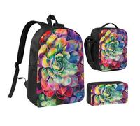 JKLQWC Lot de 3 sacs à dos avec sac à déjeuner isotherme et trousse à crayons pour étudiants, adolescents, filles, garçons - 43,2 cm - Marron, Succulent coloré., Taille unique, Sac à dos d'école