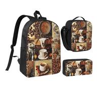 JKLQWC Lot de 3 sacs à dos avec sac à déjeuner isotherme et trousse à crayons pour étudiants, adolescents, filles, garçons - 43,2 cm - Marron, Collage café, Taille unique, Sac à dos d'école