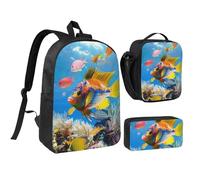 JKLQWC Lot de 3 sacs à dos avec sac à déjeuner isotherme et trousse à crayons pour étudiants, adolescents, filles, garçons - 43,2 cm - Motif Père Noël, Poisson coloré, Taille unique, Sac à dos d'école