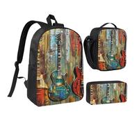 JKLQWC Lot de 3 sacs à dos avec sac à déjeuner isotherme et trousse à crayons pour étudiants, adolescents, filles, garçons et jeunes filles 43,2 cm, Guitars Art, Taille unique, Sac à dos d'école