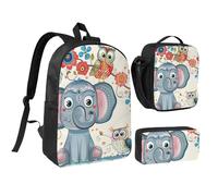 JKLQWC Lot de 3 sacs à dos colorés avec imprimé cupcakes Happy Birthday - 43,2 cm - Sac à déjeuner isotherme et trousse à crayons pour étudiants, adolescents, filles, garçons, Motif éléphant et