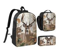 JKLQWC Lot de 3 sacs à dos colorés avec imprimé cupcakes Happy Birthday - 43,2 cm - Sac à déjeuner isotherme et trousse à crayons pour étudiants, adolescents, filles, garçons, Cerf camouflage_1