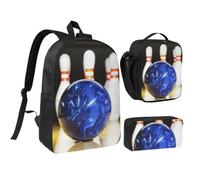 JKLQWC Lot de 3 sacs à dos d'école avec imprimé crâne bleu 3D, 43,2 cm, sac à déjeuner isotherme et trousse à crayons, pour étudiants, adolescents, filles, garçons, Bowling, One Size, Sac à dos
