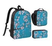 JKLQWC Lot de 3 sacs à dos d'école avec imprimé lune de 43,2 cm, sac à déjeuner isotherme et trousse à crayons, pour étudiants, adolescents, filles, garçons, Cerisier japonais, One Size, Sac à dos