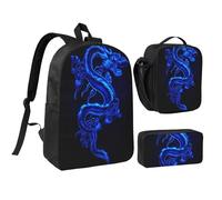 JKLQWC Lot de 3 sacs à dos d'école avec imprimé poissons colorés de 43,2 cm, sac à déjeuner isotherme et trousse à crayons pour étudiants, adolescents, filles, garçons, Dragon chinois bleu, One Size