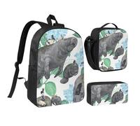 JKLQWC Lot de 3 sacs à dos d'école avec sac à déjeuner isotherme et trousse à crayons pour étudiants, adolescents, filles, garçons et filles - 43,2 cm - Rouge et noir, Lapins Manatees, One Size, Sac à