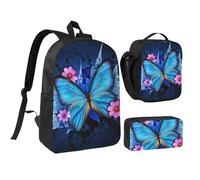 JKLQWC Lot de 3 sacs à dos d'école avec sac à déjeuner isotherme et trousse à crayons pour étudiants, adolescents, filles, garçons - 43,2 cm - Motif dragon rouge sang, Beau papillon., One Size, Sac à