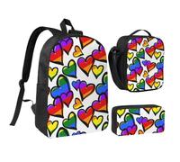 JKLQWC Lot de 3 sacs à dos d'école avec sac à déjeuner isotherme et trousse à crayons pour étudiants, adolescents, filles, garçons et filles - Arc-en-ciel - Imprimé cœurs - 43,2 cm, Cœurs Gay Pride