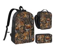 JKLQWC Lot de 3 sacs à dos d'école avec sac à déjeuner isotherme et trousse à crayons pour étudiants, adolescents, filles, garçons - 43,2 cm, Chasse cerf ours élan, One Size, Sac à dos daypack