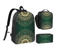JKLQWC Lot de 3 sacs à dos d'école avec sac à déjeuner isotherme et trousse à crayons pour étudiants, adolescents, filles, garçons - 43,2 cm - Motif rose rouge, Cercle floral style mandala antique