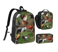 JKLQWC Lot de 3 sacs à dos d'école avec sac à déjeuner isotherme et trousse à crayons pour étudiants, adolescents, filles, garçons et filles - Motif galaxie - 43,2 cm, Animal de la ferme, One Size