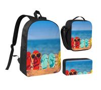JKLQWC Lot de 3 sacs à dos d'école avec sac à déjeuner isotherme et trousse à crayons pour étudiants, adolescents, filles, garçons et filles - Motif galaxie - 43,2 cm, Tongs sur une plage de sable