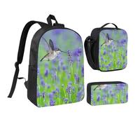 JKLQWC Lot de 3 sacs à dos d'école avec sac à déjeuner isotherme et trousse à crayons pour étudiants, adolescents, filles, garçons - 43,2 cm - Motif dragon rouge sang, Oiseau en fleurs de lavande