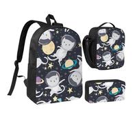 JKLQWC Lot de 3 sacs à dos d'école avec sac à déjeuner isotherme et trousse à crayons pour étudiants, adolescents, filles, garçons et filles - Motif galaxie - 43,2 cm, Fun Cat Astronaute, One Size