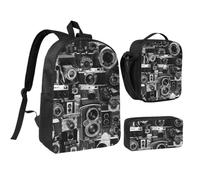 JKLQWC Lot de 3 sacs à dos d'école avec sac à déjeuner isotherme et trousse à crayons pour étudiants, adolescents, filles, garçons - 43,2 cm - Imprimé avion, Retro Cool Camera Collection, One Size