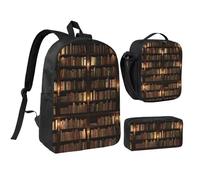 JKLQWC Lot de 3 sacs à dos d'école avec sac à déjeuner isotherme et trousse à crayons pour étudiants, adolescents, filles, garçons - 43,2 cm, Bibliothèque, One Size, Sac à dos daypack