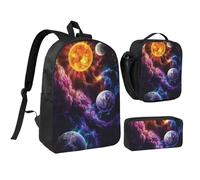 JKLQWC Lot de 3 sacs à dos d'école avec sac à déjeuner isotherme et trousse à crayons pour étudiants, adolescents, filles, garçons et filles - Arc-en-ciel - Imprimé cœurs - 43,2 cm, Planète, One Size