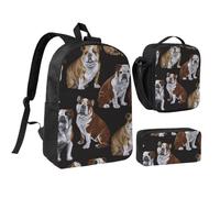 JKLQWC Lot de 3 sacs à dos d'école avec sac à déjeuner isotherme et trousse à crayons pour étudiants, adolescents, filles, garçons - 43,2 cm, Bulldogs anglais., One Size, Sac à dos daypack