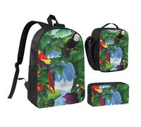 JKLQWC Lot de 3 sacs à dos d'école avec sac à déjeuner isotherme et trousse à crayons pour étudiants, adolescents, filles, garçons - 43,2 cm - Motif rose rouge, Ara et toucan perché des forêts