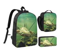 JKLQWC Lot de 3 sacs à dos d'école avec sac à déjeuner isotherme et trousse à crayons pour étudiants, adolescents, filles et garçons - 43,2 cm - Jaune et bleu, Poisson chat sous-marin, One Size, Sac à