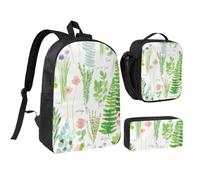 JKLQWC Lot de 3 sacs à dos d'école avec sac à déjeuner isotherme et trousse à crayons pour étudiants, adolescents, filles, garçons - Motif drapeau du Costa Rica - 43,2 cm, Jardin d'herbes printanières