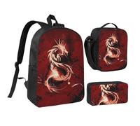 JKLQWC Lot de 3 sacs à dos d'école avec sac à déjeuner isotherme et trousse à crayons pour étudiants, adolescents, filles, garçons - 43,2 cm - Motif dragon rouge sang, Dragon rouge sang, One Size, Sac