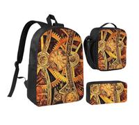 JKLQWC Lot de 3 sacs à dos d'école avec sac à déjeuner isotherme et trousse à crayons pour étudiants, adolescents, filles, garçons - 43,2 cm - Motif teckel, Engrenages Steampunk., One Size, Sac à dos