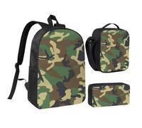 JKLQWC Lot de 3 sacs à dos d'école avec sac à déjeuner isotherme et trousse à crayons pour étudiants, adolescents, filles, garçons - Vert - 43,2 cm, Camouflage militaire vert, One Size, Sac à dos