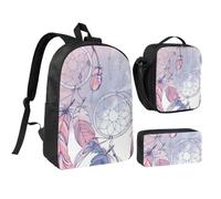 JKLQWC Lot de 3 sacs à dos d'école modernes avec sac à déjeuner isotherme et trousse à crayons pour étudiants, adolescents, filles, garçons et filles - Rose gris blanc - 43,2 cm, Attrape-rêves indien
