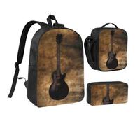 JKLQWC Lot de 3 sacs à dos d'école modernes avec sac à déjeuner isotherme et trousse à crayons pour étudiants, adolescents, filles, garçons et filles - Rose gris blanc - 43,2 cm, Guitare musicale
