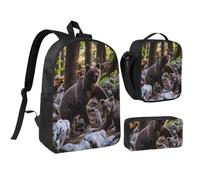 JKLQWC Lot de 3 sacs à dos d'école noirs et blancs avec sac à déjeuner isotherme et trousse à crayons pour étudiants, adolescents, filles, garçons - 43,2 cm, ours, One Size, Sac à dos daypack