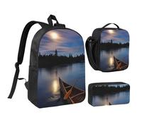 JKLQWC Lot de 3 sacs à dos d'école romantiques avec sac à déjeuner isotherme et trousse à crayons pour étudiants, adolescents, filles, garçons - 43,2 cm, Moonlit Canoë Allagash River, One Size, Sac à