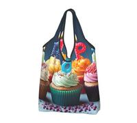 JKLQWC Lot de 3 sacs à provisions pliables colorés imprimés Happy Birthday Cupcakes, sacs fourre-tout réutilisables pour le shopping quotidien et les voyages