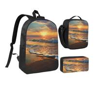 JKLQWC Magnifique sac à dos 3 pièces avec sac à déjeuner isotherme et trousse à crayons pour étudiants, adolescents, filles, garçons et filles - Motif dauphins - 43,2 cm, Beach Wave Sunset, Taille