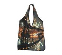 JKLQWC New York Manhattan Bridge Night Sac de courses pliable imprimé réutilisable pour le shopping quotidien et les voyages, Noir , Taille unique