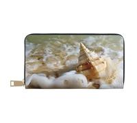 JKLQWC Portefeuille long en cuir synthétique avec imprimé vague de mer et coquillages pour femmes et hommes avec porte-monnaie et porte-cartes, blanc, Taille unique, Moderne