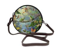 JKLQWC Sac à bandoulière rond en cuir avec imprimé papillon noir pour femme avec sangle réglable, De nombreuses grenouilles chantent sur les branches et papillons, Taille unique