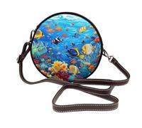 JKLQWC Sac à bandoulière rond en cuir avec imprimé papillon noir pour femme avec sangle réglable, Poissons tropicaux Corail Monde sous-marin, Taille unique